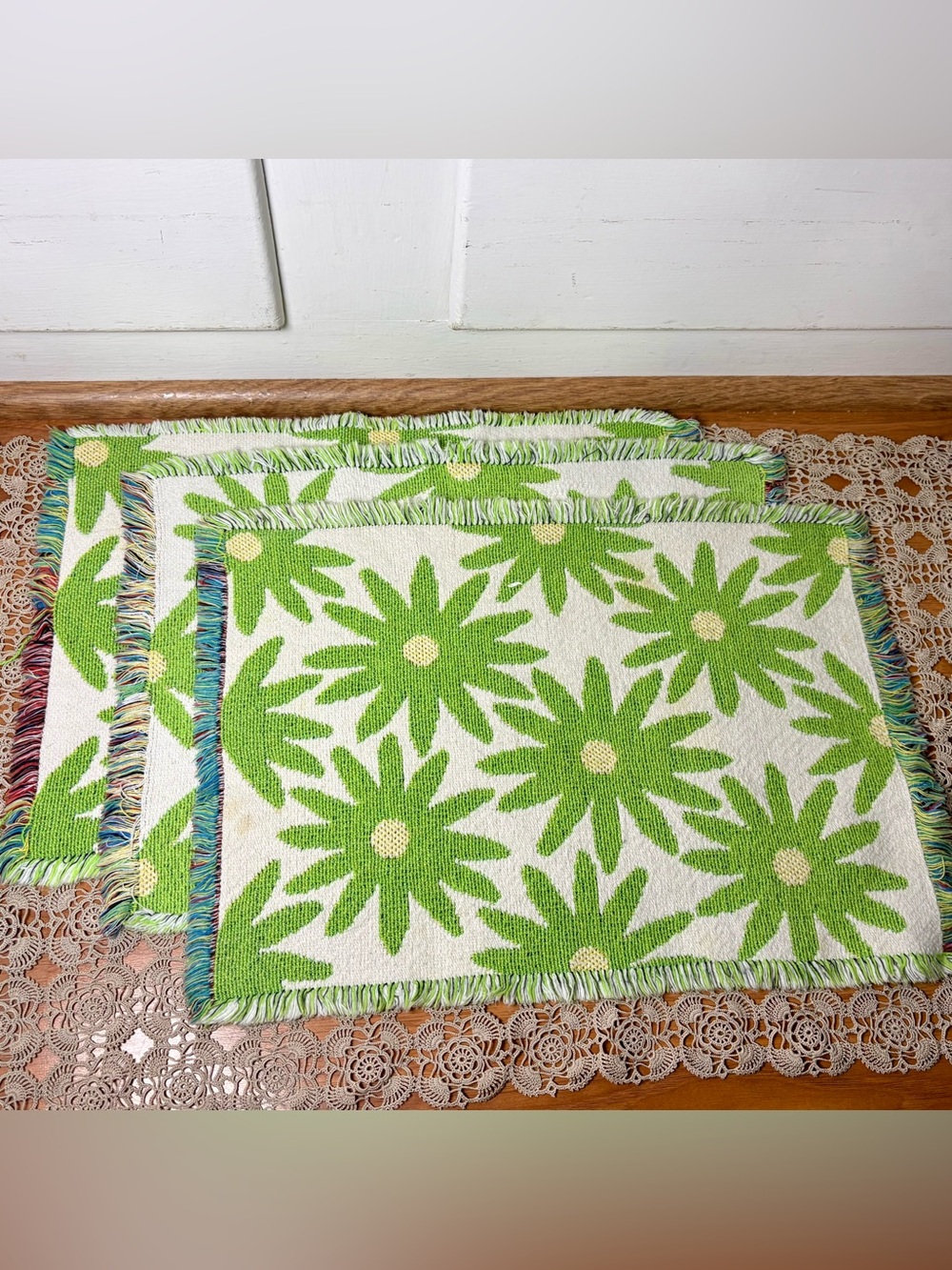 Vintage 70s Green White Floral Flower Power Woven Fringed Placemats Set of 3